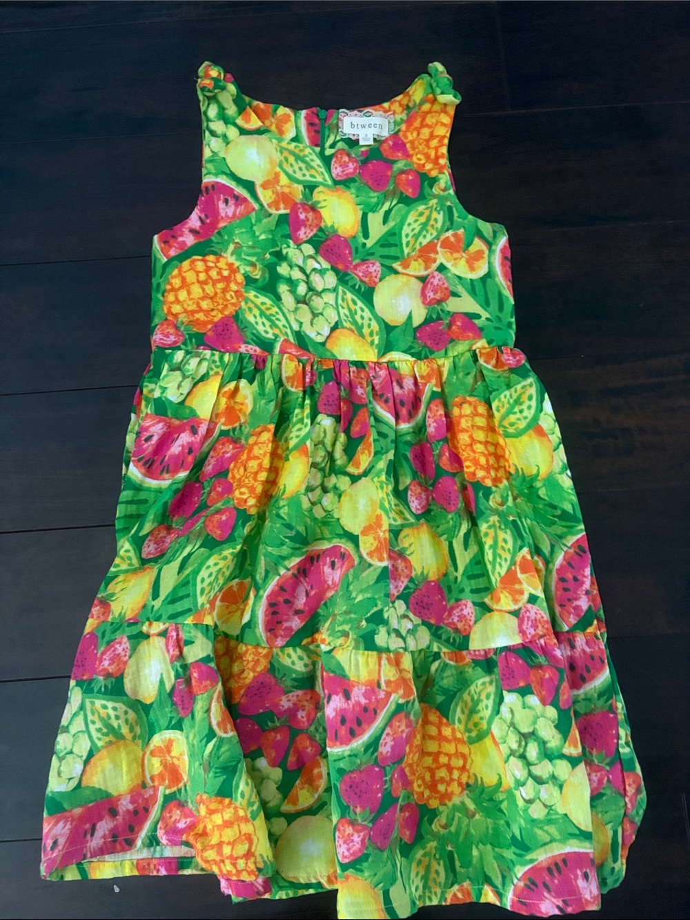 btween Bright Green Tropical Fruit Print Cotton Dress with Pink & Yellow Accents